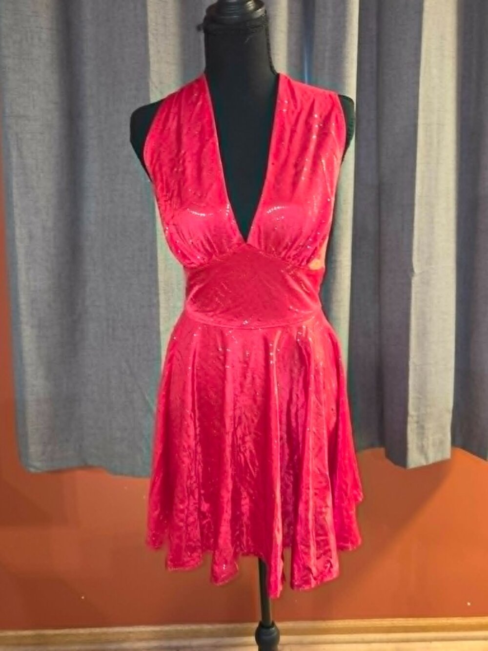 Vintage The Thing Shop Hot Pink Metallic Halter Dress Open Back Rhinestone Party